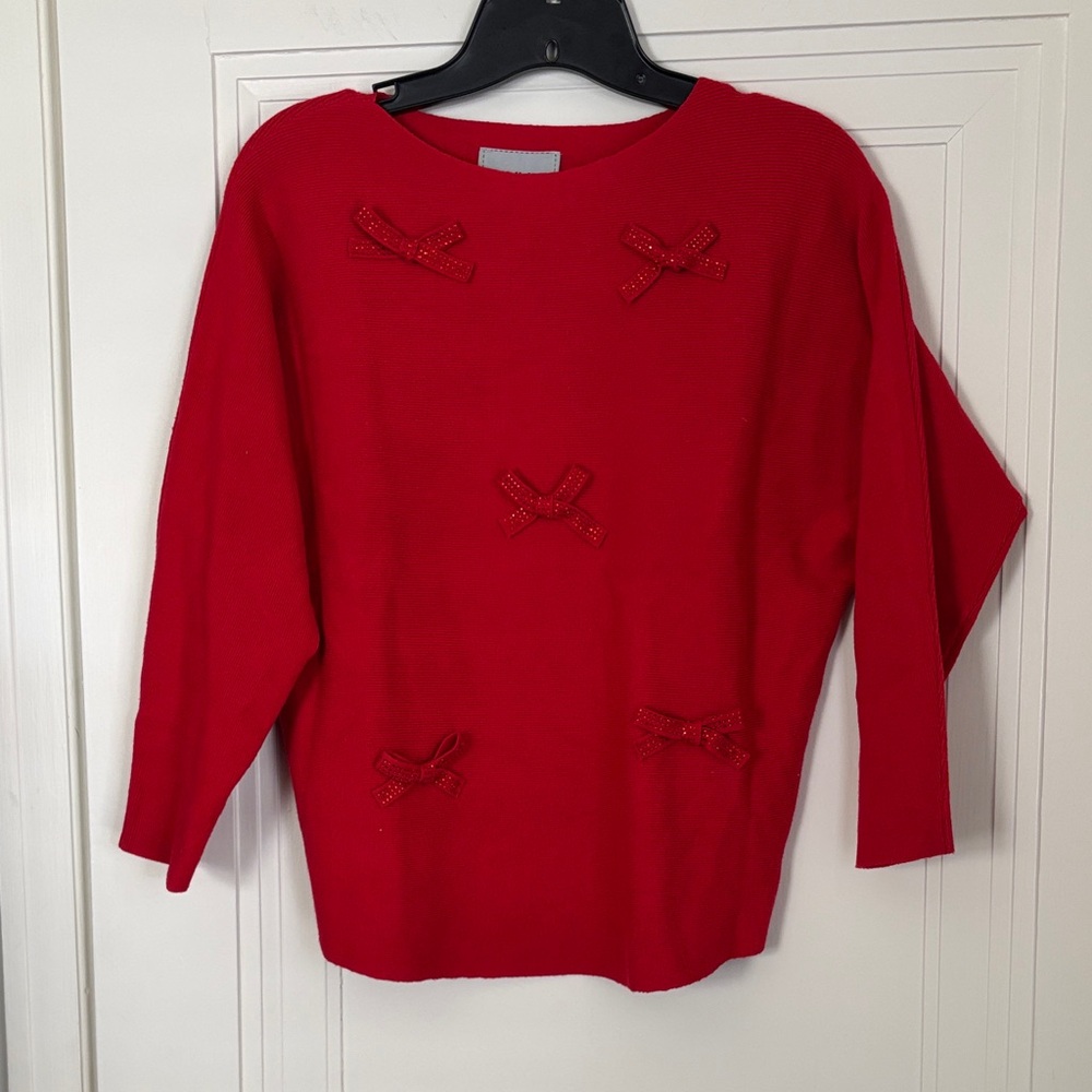 Red Bow Detail Crewneck Sweater